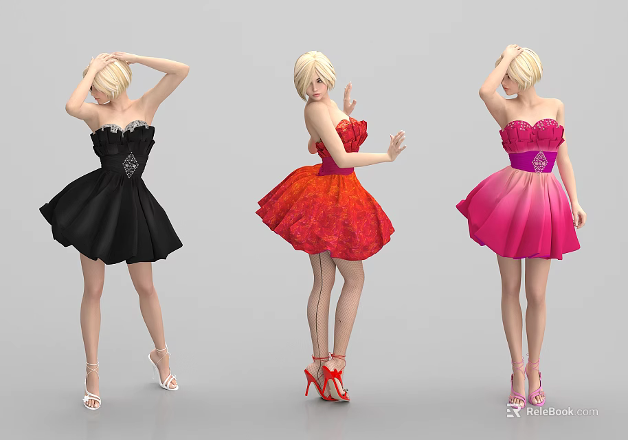 Woman in Strapless Short Dresses with Black Red Pink Colors and High Heels 3d model 