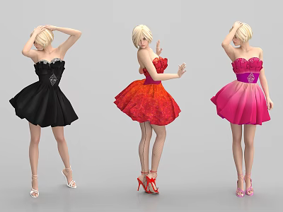 Woman in Strapless Short Dresses with Black Red Pink Colors and High Heels 3d model
