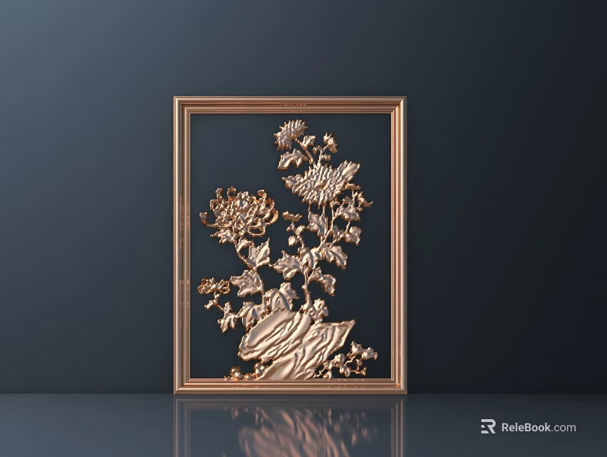 Golden Floral Relief Decorative Piece With Gold Frame On Dark Background 3d model 