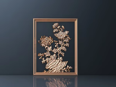 Golden Floral Relief Decorative Piece With Gold Frame On Dark Background 3d model