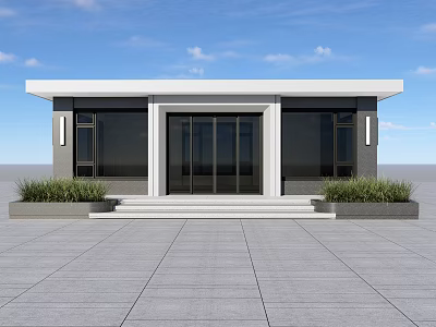 Modern Building Facade With Large Glass Windows White Roof Stone Steps And Green Plants 3d model