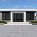 Modern Building Facade With Large Glass Windows White Roof Stone Steps And Green Plants