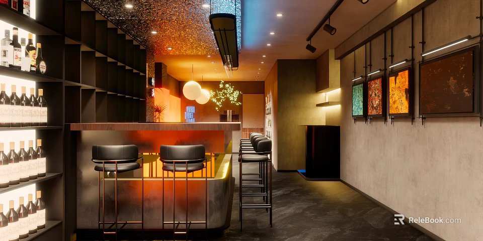 Modern Bar Interior Design With Sleek Counter Black Stools And Warm Ambient Lighting 3d model 
