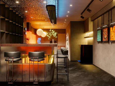 Modern Bar Interior Design With Sleek Counter Black Stools And Warm Ambient Lighting 3d model