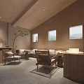 Modern Minimalist Interior Space With Wooden Walls Stone Countertop Table Chairs And Window