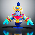 3D Blue Cartoon Character With Yellow Red Decorations Blue Gemmed Hat And Serious Expression