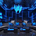 Modern KTV Interior Design With Blue Neon Lights Comfortable Sofas And LED Screens