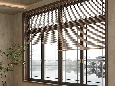 Traditional Lattice Window With Wooden Frame Water View And Indoor Plant Scene 3d model