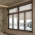 Traditional Lattice Window With Wooden Frame Water View And Indoor Plant Scene