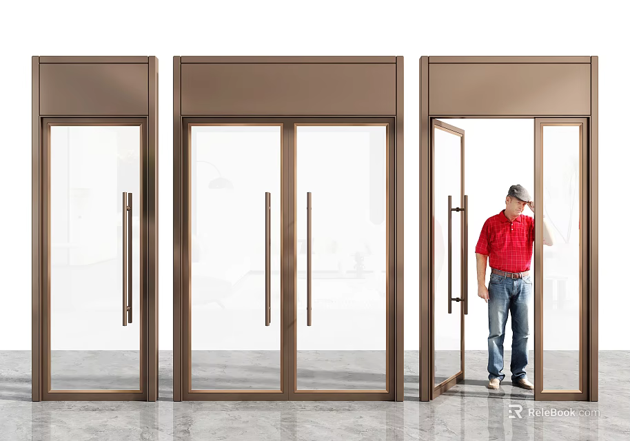 Three Brown Framed Glass Doors With Open Door And Man Standing Near 3d model 