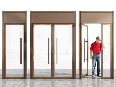 Three Brown Framed Glass Doors With Open Door And Man Standing Near 3d model