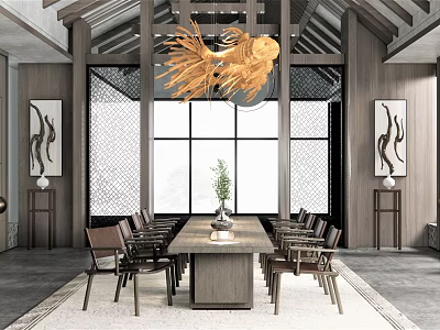 Chinese Style Meeting Room Interior Design With Long Wooden Table And Pendant Light 3d model