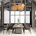 Chinese Style Meeting Room Interior Design With Long Wooden Table And Pendant Light