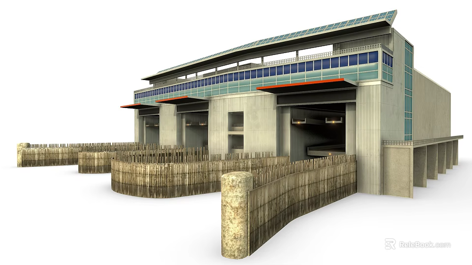 Modern Airport Design With Solar Panels On Roof Multiple Entrances And Wooden Fences In Front 3d model 