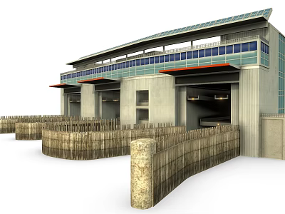 Modern Airport Design With Solar Panels On Roof Multiple Entrances And Wooden Fences In Front 3d model