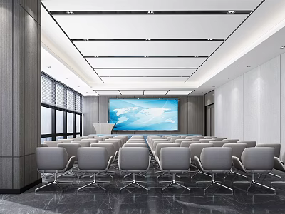 Modern Conference Room With Spacious Interior Large Projection Screen And Arranged Seats 3d model