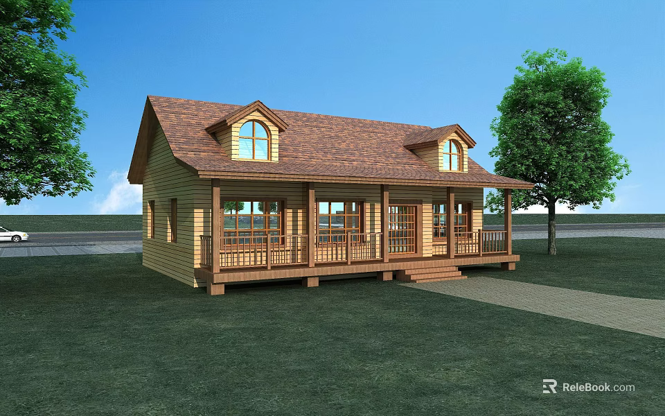 Wooden House With Brown Tile Roof Front Porch Railings Windows And Green Grass 3d model 