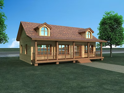 Wooden House With Brown Tile Roof Front Porch Railings Windows And Green Grass 3d model