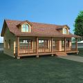Wooden House With Brown Tile Roof Front Porch Railings Windows And Green Grass