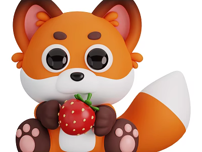 Cute Orange Cartoon Fox Holding Fresh Red Strawberry With Big Eyes 3d model