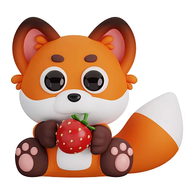 Cute Orange Cartoon Fox Holding Fresh Red Strawberry With Big Eyes 3d model