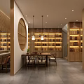 Modern Liquor Store Interior With Wooden Shelves Alcohol Bottles Circular Decoration Reception Counter Wooden Ceiling