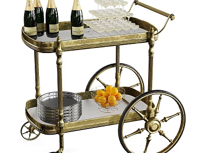 Vintage Brass Bar Cart Featuring Champagne Bottles Wine Glasses Metal Trays And Fresh Oranges 3d model