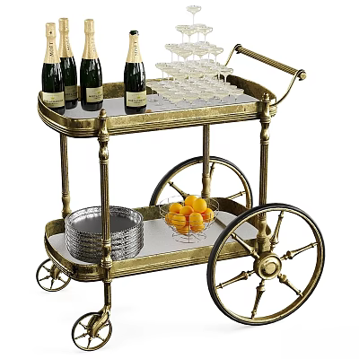 Vintage Brass Bar Cart Featuring Champagne Bottles Wine Glasses Metal Trays And Fresh Oranges 3d model