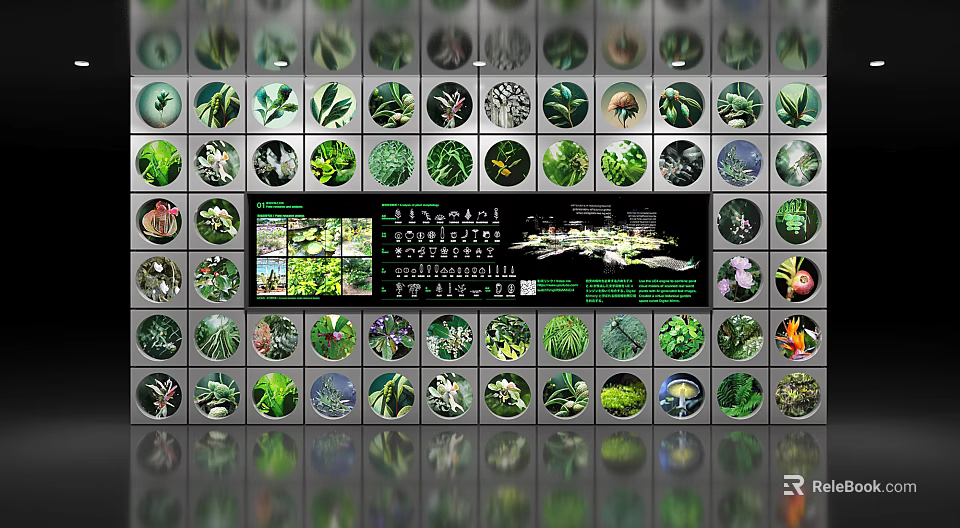 Green Plant Pattern Background Wall With Various Leaf Designs And Central Display Board 3d model 
