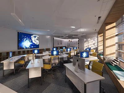 Modern Public Office Space With Workstations Computers Large Screen And Natural Light 3d model