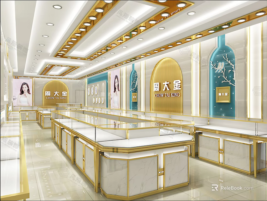 Elegant Luxury Jewelry Store Interior With Glass Display Cases And Gold Accent Lighting 3d model 