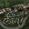 Lush Green Camping Site With Tents Palm Trees Market Stalls And Activities