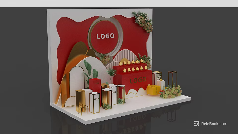 Elegant Exhibition Booth Display With Red Background Golden Decorations Logo Gift Boxes And Plants 3d model 