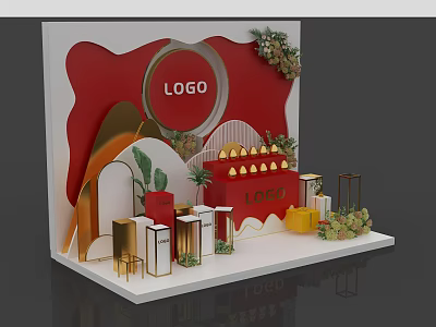 Elegant Exhibition Booth Display With Red Background Golden Decorations Logo Gift Boxes And Plants 3d model