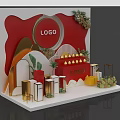 Elegant Exhibition Booth Display With Red Background Golden Decorations Logo Gift Boxes And Plants