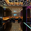 Modern KTV Interior Featuring Hexagonal Ceiling Neon Lights Mirrored Flooring And Sofa Area 3d model