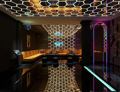 Modern KTV Interior Featuring Hexagonal Ceiling Neon Lights Mirrored Flooring And Sofa Area 3d model
