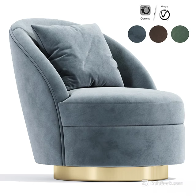 Light Blue Velvet Accent Chair with Pillow Gold Base and Dark Gray Brown Green Options 3d model 