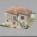 Traditional Village House Model With Red Tiled Roof Green Beige Walls Porch And Stairs