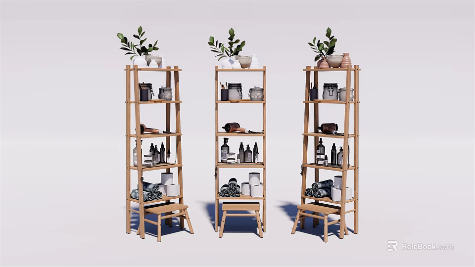 Bamboo Bathroom Cabinet Shelves with Multiple Shelves Decorative Plants Bottles and Jars 3d model 