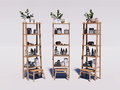 Bamboo Bathroom Cabinet Shelves with Multiple Shelves Decorative Plants Bottles and Jars 3d model
