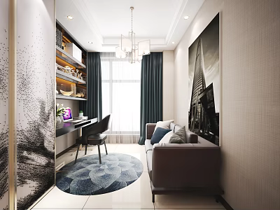Modern Study Room Interior Design With Desk Chair Bookshelf Sofa And Decorative Rug 3d model