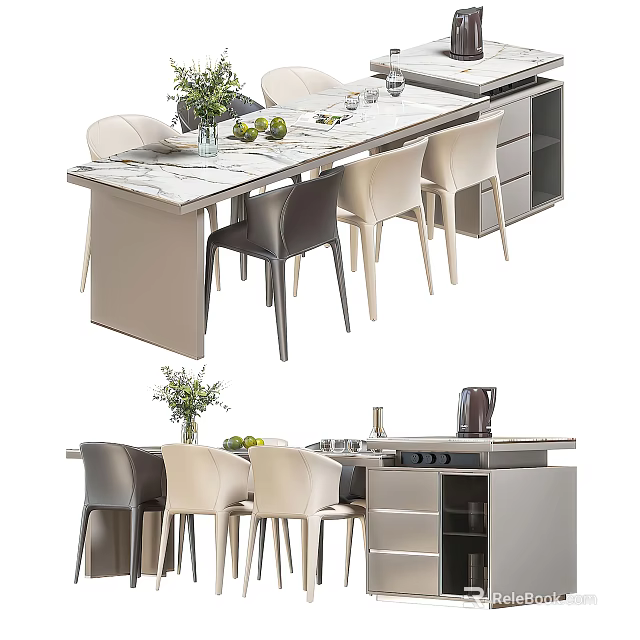 Modern Dining Table Set With Gray Beige Chairs Marble Countertop And Storage 3d model 