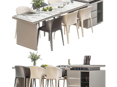 Modern Dining Table Set With Gray Beige Chairs Marble Countertop And Storage 3d model