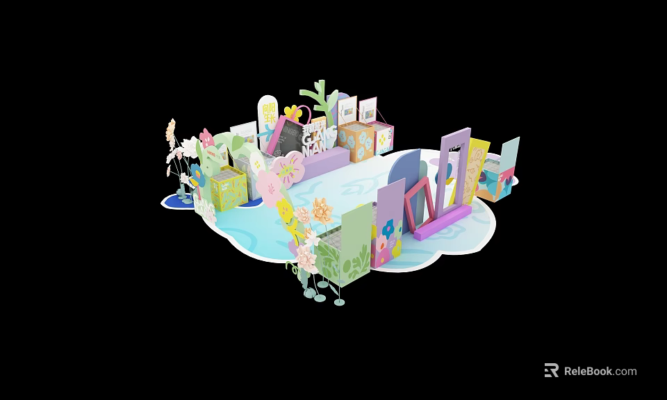 Creative Fantasy Event Entrance Design With Colorful Decorations Flowers Frames And Water Elements 3d model 