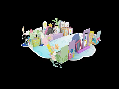 Creative Fantasy Event Entrance Design With Colorful Decorations Flowers Frames And Water Elements 3d model