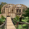 Dome Shaped Wooden House With Wooden Stairs Stone Path And Lush Greenery