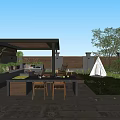 Courtyard Garden Design With Wooden Pergola Outdoor Dining Area Green Plants And Stone Flooring