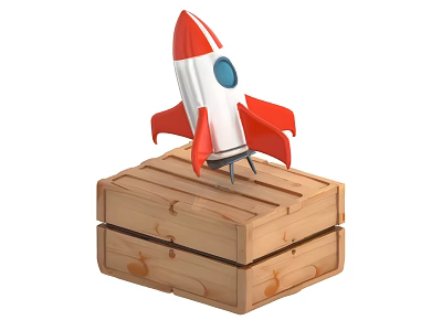 Red And White Decorative Rocket Model With Blue Window Standing On Wooden Crate 3d model