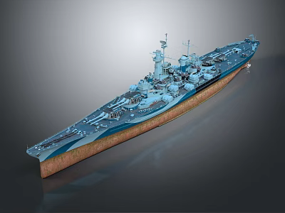 Detailed Battleship 3D Model With Blue Hull Brown Waterline And Turrets On Deck 3d model